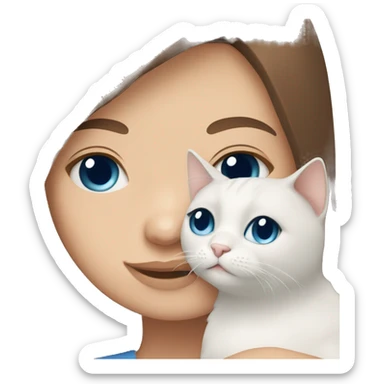 Brown straight hair and eyes girl cuddling White cat with bleu eyes sticker