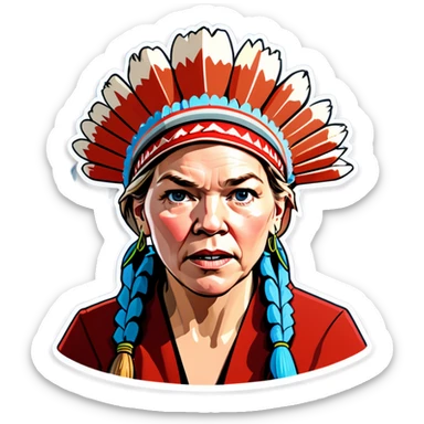 Make a picture of Senator Elizabeth Warren with a traditional Native American headdress make it realistically cartoonish without the braids really accentuate  her wrinkles make her hair blonder and get rid of the headdress besides make her look extremely afraid sticker