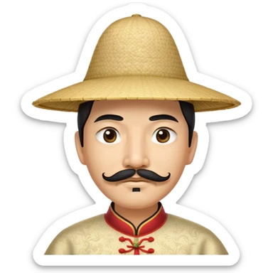 Extremely stereotypical Asian wearing a rice hat with a fu Manchu mustache  and super squinty eyes sticker