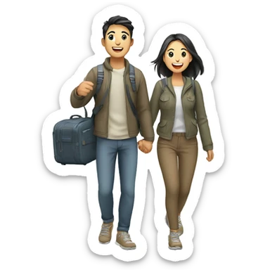 Cute young  Asian couple excitedly traveling  sticker