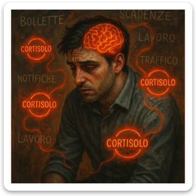 semi-realistic, symbolic surrealism; man around 30 years old, visible chronic stress (tired eyes, tense, curved), floating symbols 'Cortisolo' in Italian, orange-red aura; chaotic and blurred background with Italian words: 'bollette', 'scadenze', 'lavoro', 'traffico', 'notifiche'; visible brain with red-orange neural activity, stressed expression, moody lighting sticker
