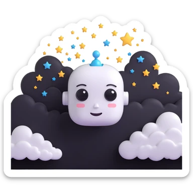 minimalist 3D cartoon-style icon of a peaceful, dreaming robot head with eyes closed, gentle smile, soft features, stylized clouds and stars around the head, simple clean lines sticker