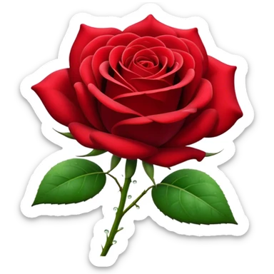 Cinematic Realistic Rose Emoji, Elegant and full of grace, with velvety, deep red petals unfurling in a perfect bloom, dew drops glistening on the soft edges, and a faint fragrance hanging in the air. The lush green leaves surround the stem, creating a vibrant contrast to the rich color of the petals. Soft glowing outline, capturing the essence of timeless beauty and romance in a single bloom. sticker