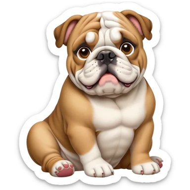 cinematic-[english bulldog]-realistic-full-body-sitting-emoji,-tail-resting-loosely-beside-its-paws,-head-tilted-dramatically,-sleek-[fawn]-fur,-simplified-yet-realistic-focused-features,-highly-detailed,-glowing-with-an-almost-sarcastic-glow sticker
