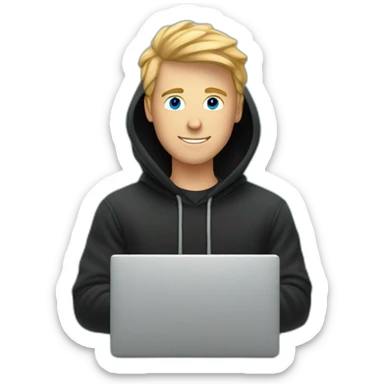 a white man wearing a black hoodie behind a laptop screen with a blue heart on it sticker