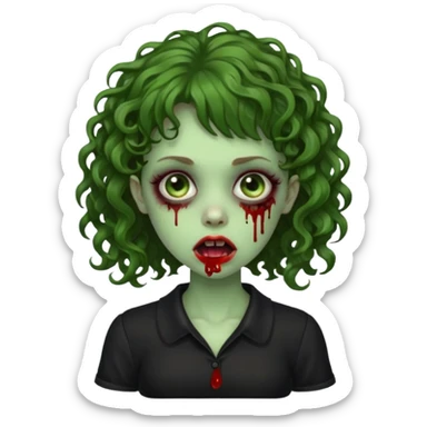 Green zombie emoji girl with curly Brown hair, with curly bangs, wearing a black bluse, blood Just in the tongue sticker