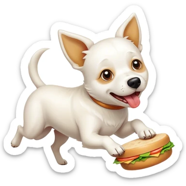 white dog running with a round sandwich in its mouth sticker