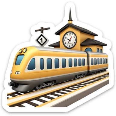 A 3D cartoon train terminal with tracks, platform signs, and an arriving train, Memoji-style realism. sticker