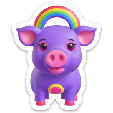 purple cyborg pig with a rainbow over her head, 3D cartoon style sticker