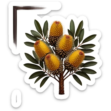 Cinematic Realistic Banksia Emoji, Bold and striking, with spiky, cylindrical flower heads covered in rich golden hues. The leaves are thick and leathery, adding a sense of strength to this unique and iconic tree. Soft glowing outline, capturing the essence of Australian ruggedness and floral beauty in a distinctive banksia tree! sticker