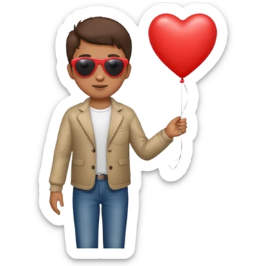 boy with sun glasses holding red heart balloon sticker