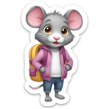 Raton gris de estilo animado,  patas y brazos largos, nariz rosada pequeña y abdomen blanco, caracterizado como un estudianre preescolar, con mochila y tomado de la mano de su mamá  sticker