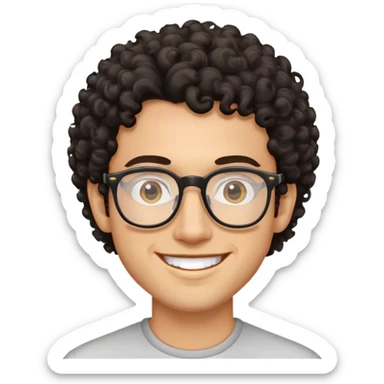 a man with dark curly hair and thin rimmed glasses smiling sticker