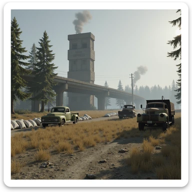  a screenshot of a location in a videogame  the image of the scene consists of: [a tall above-ground freeway collapsed], a wooded area, a small field of wheat, sandbag barricades. distant smoke. uneven terrain, derelict vintage work trucks, more distant smoke sticker