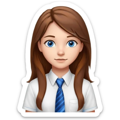 high school class room with a blackboard, with a pretty female high school student with long brown hair, blue eyes, wearing a tie sticker