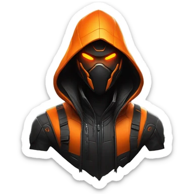  developer behind his laptop with this style : crysis Cyberpunk Valorant orange glowing bright orange character orange black hooded assassin themed character sticker