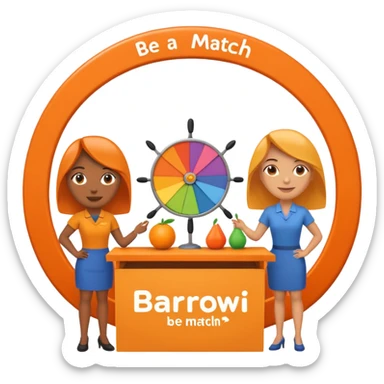 emoji of a recruitment booth. Two cartoon figures stand behind an orange table with 'MARROW, be a match' branding, a colorful spinning wheel, and a branded vertical banner. Simplified and cute sticker