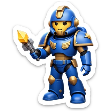 Clash of Clans aesthetic: Cinematic Playful Space Marine Hero Emoji, rendered in a 3D vector-style similar to standard emojis with minimal shading and bold, simplified shapes. A compact, heroic isometric figure clad in futuristic power armor with signature energy accents, softly glowing with a cosmic battle charm. Simplified yet unmistakably iconic, highly detailed and consistent, glowing with a soft radiant shine and high gloss. Stylized with a touch of interstellar valor and a soft glowing outline, capturing the essence of an elite space warrior with a friendly, playful manner! sticker