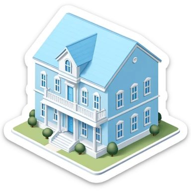 Light blue sorority house mansion, southern, isometric dollhouse-style, realistic sticker