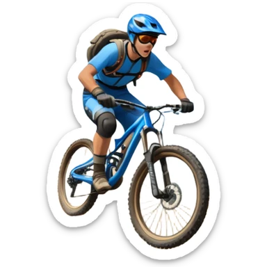 A thrilling downhill mountain biking scene! A rider in full gear speeds down a steep rocky trail, kicking up dust. The rugged mountain landscape surrounds them, with towering peaks, evergreen trees, and a bright blue sky. The rush of adventure is in the air. Transparent background. sticker