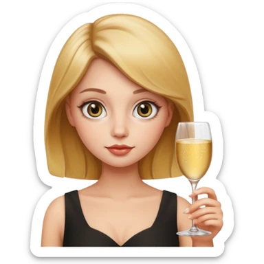 leo woman holding a glass of champagne, realistic apple emoji style, minimal details, round face, big eyes sticker