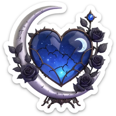 gothic heart, midnight blue glass, silver crescent moon, black roses, stardust, lightning, rain, cracked glass, steampunk style sticker