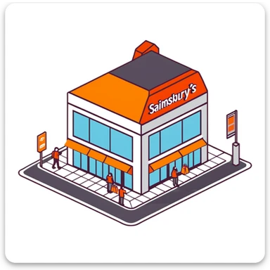 Isometric Sainsbury's Local smaller format store with orange facade, ATM outside, and pedestrians with shopping bags sticker