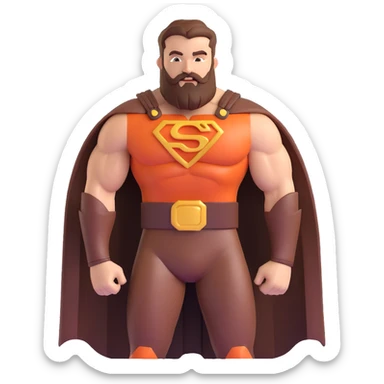 muscular superhero in brown and auburn costume, beard-shaped logo, comb-shaped belt, magnificent beard sticker