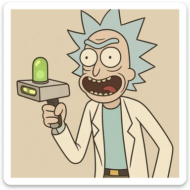 Rick Sanchez from Rick and Morty, holding portal gun, wild expression, cartoon style sticker