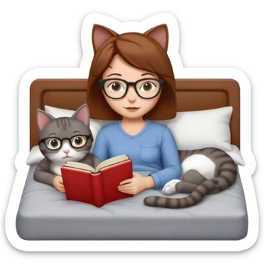 A girl is lying in bed. She has short chestnut hair styled neatly, is wearing glasses, and is reading a book. A grey cat is lying on her legs. The girl has no headband or ears, and the cat is not wearing glasses. sticker