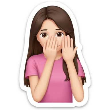 A brunette girl, long hair, fair skin tone, wearing a pink T-shirt, covers her face with her hand sticker