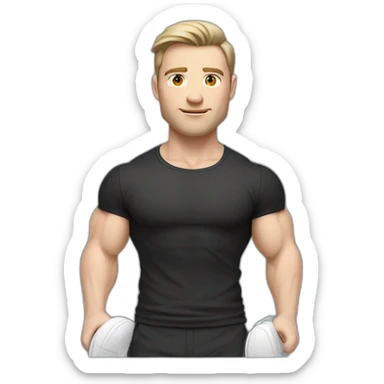 Idyll Pale skinned Fit Man With the biceps and dark brown hair in black shirt, gray sports shorts and white Sneakers sticker