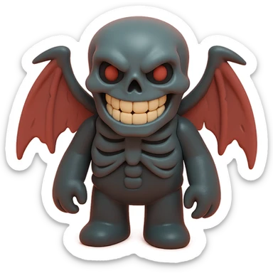 horrifying monster with skeletal features, tattered wings, sinister grin, dark red and black colors, vinyl figure style sticker