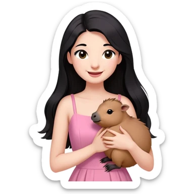 Perempuan muda cantik berkulit putih dan berambut hitam panajng sebahu (tidak terllau pendek) , memiliki Bulut mata lentik,mata berwarna hitam, memakai baju pink sambil mengendong capybara sambil tersenyum dan mengedipkan mata dengan imut sticker