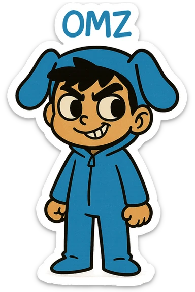 Extract only the blue character (OMZ) from the group in the original style and quality. Give the character a mischievous expression. sticker