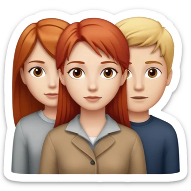 Chica con pelo rojo lacio y ojos café con dos niños, una niña rubia y un niño pelo café  sticker