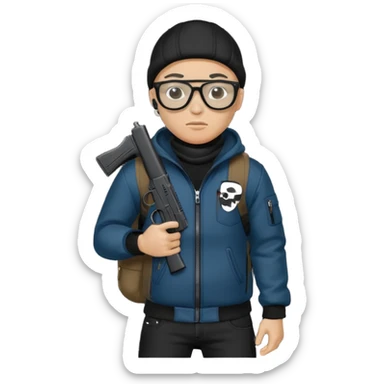 YN wearing a ski mask, holding a gun, all black fit, black jeans, Sprayground bookbag, confident stance, with glasses sticker