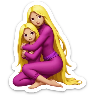 One figure is dark magenta and is kneeling.
	•	The other figure is yellow with long hair and is being held, with their arms around the magenta figure’s neck.
	•	The yellow figure’s legs wrap around the magenta figure’s waist, suggesting a close, intimate embrace. sticker