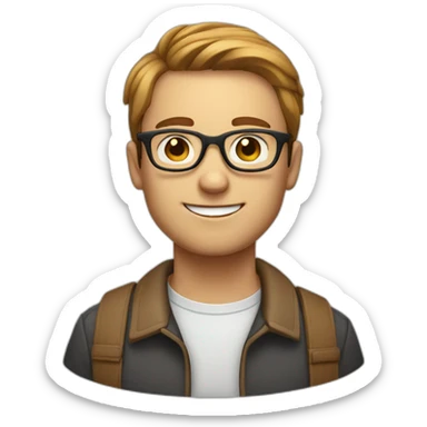 Short light brown hair guys with glasses eatings an apple pie sticker