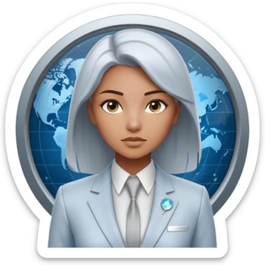 Artemis, A sleek female avatar with a focused, forensic gaze, wearing a minimalist white and silver tailored suit accented with moonlight blue. She is analyzing a transparent holographic interface displaying complex global sovereign credit data. sticker