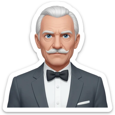 Ernst Stavro Blofeld from James Bond Series with blue eyes, white hair, charcoal gray suit with bow tie sticker