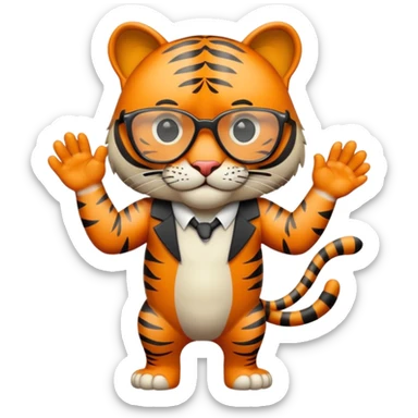 un tigre con gafas oscuras parado en dos patas bravo con la mano en la derecha en la pose: Firme sticker