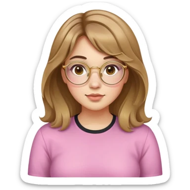 young adult woman with light skin, round face, prominent cheeks, medium plump body, long light brown hair with golden highlights, voluminous and wavy, long bangs over eyebrows, large octagonal glasses with thin golden or light pink frame, casual dark shirt sticker