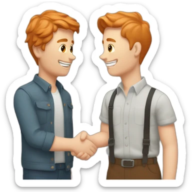 tom crossman with ginger hair shaking hands with louie smith with brown hair sticker