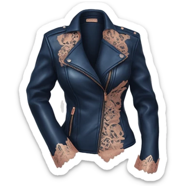 Realistic Isolated dark blue leather jacket open with rose gold lace bustier underneath.  sticker