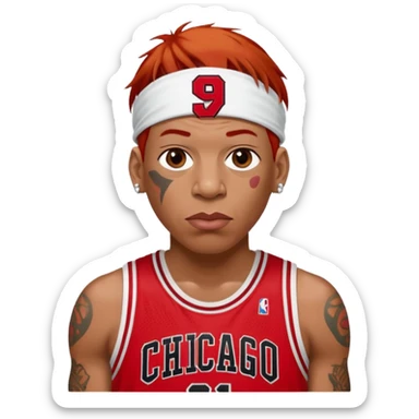 Dennis Rodman with a basketball and “91 “Chicago bull.with a very short red hair sticker