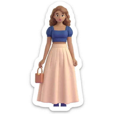 tan girl with wavy hair, white long skirt, navy blue ruched square neck crop top sticker