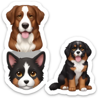 A Bernese dog next to A black and brown tortoiseshell cat with no white fur sticker
