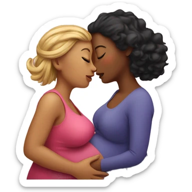 one woman pregnant, other woman kissing tummy  sticker