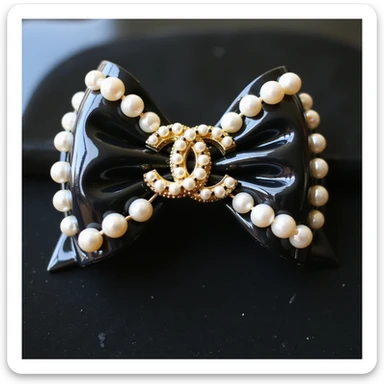 elegant bow with pearls and gold Chanel logo, glossy, monochrome, realistic style sticker